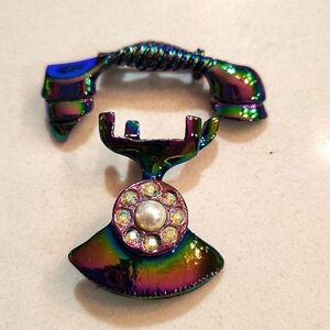 Funky Vintage 1960s Two Piece Telephone Brooch Blue Rainbow Chrome Faux Pearls